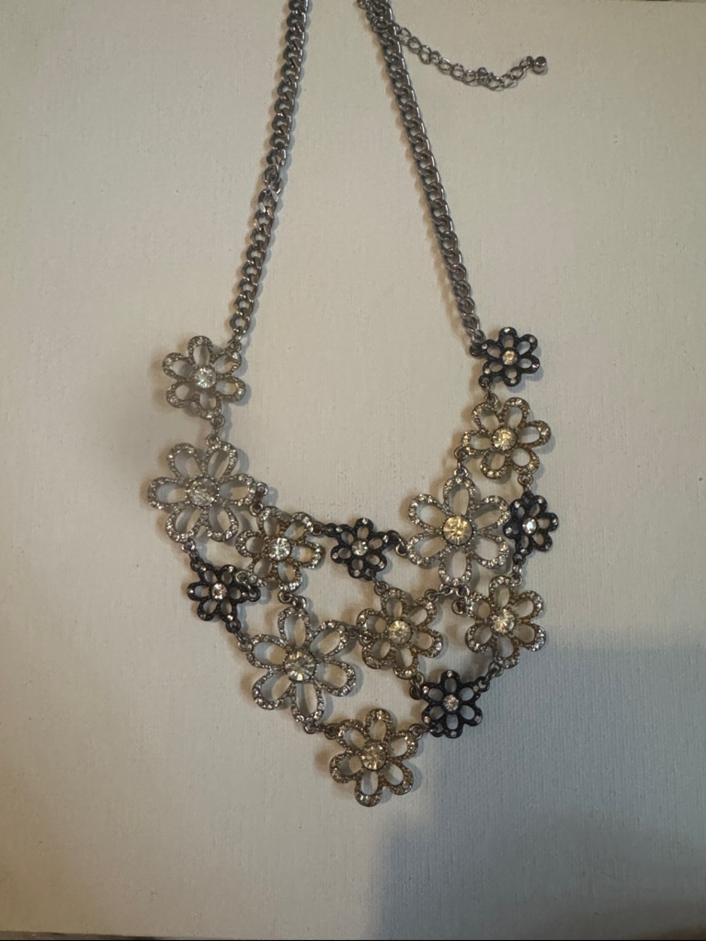 Floral Crystal Statement Necklace - Silver and Black
